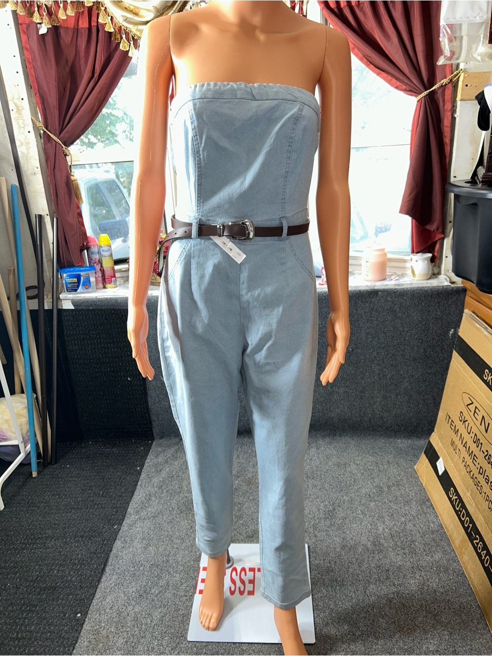 Strapless Light Blue Denim Jumpsuit with Belt